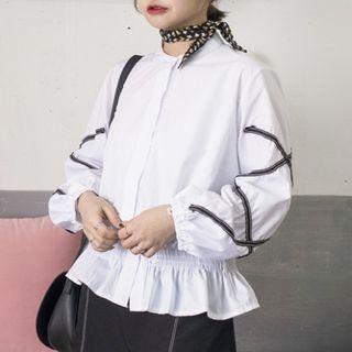 Balloon-sleeve Gathered-waist Blouse