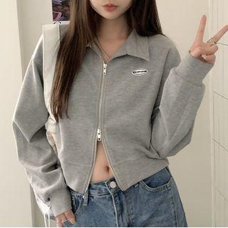Long-sleeve Collared Zip-up Logo Top