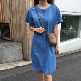 Round-neck Stitched Denim Shift Dress