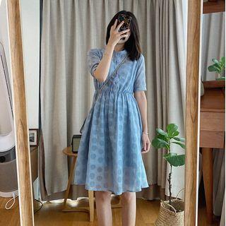 Dotted Mandarin Collar Short-sleeve A-line Dress