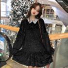 Lace Collar Long-sleeve Mini Velvet Dress Black - One Size