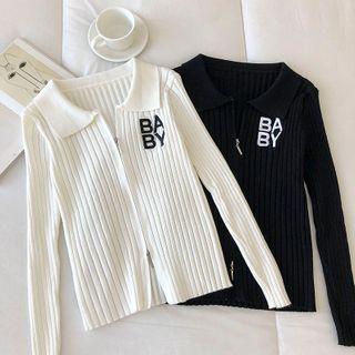 Lettering Zipper Long-sleeve Slim-fit Top