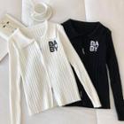 Lettering Zipper Long-sleeve Slim-fit Top