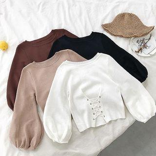 Plain Crewneck Puff-sleeve Knit Top