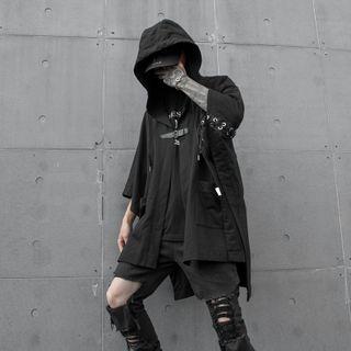 3/4-sleeve Hooded Cape Jacket Black - One Size