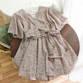 Set: Short-sleeve Floral Print Crop Top + Mini Skort