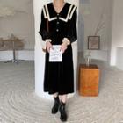 Sailor-collar Lace-trim Long Velour Dress Black - One Size