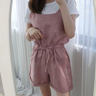 Set: Round-neck Plain T-shirt + Spaghetti-strap Drawstring-waist Playsuit