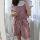 Set: Round-neck Plain T-shirt + Spaghetti-strap Drawstring-waist Playsuit