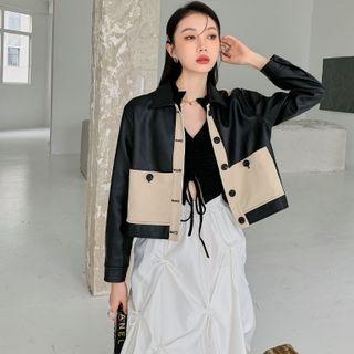 Two-tone Faux Leather Cropped Jacket