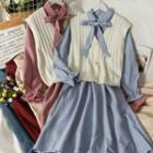 Set: Button-up Knit Vset + Ribbon-neckline Midi Shirtdress In 7 Colors