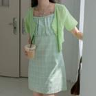 Short-sleeve Cardigan / Spaghetti Strap Plaid Mini A-line Dress / Set