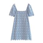 Square-neck Embroidered Mini A-line Dress