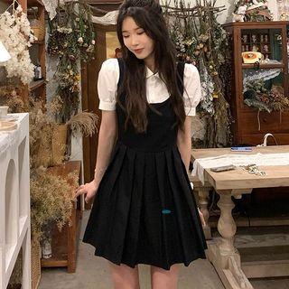 Puff-sleeve Blouse / Pleated Overall Dress