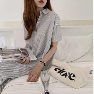 Striped Short-sleeve Tie-waist Midi Shirtdress