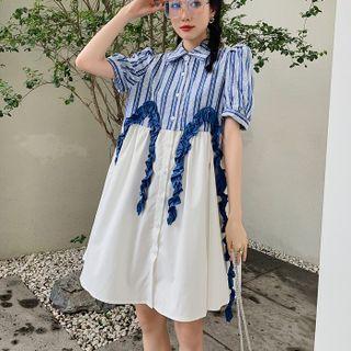Short-sleeve Striped Panel Mini Shirtdress