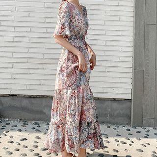 Elbow-sleeve Paisley Print Maxi A-line Dress
