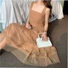 Sequined Mesh Wide Strap Midi A-line Dress