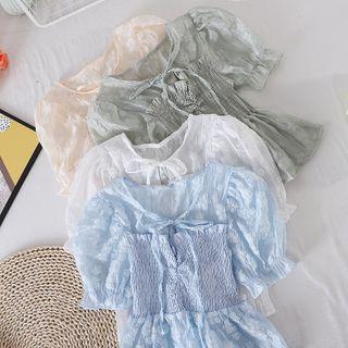 V-neck Puff-sleeve Bow Chiffon Top