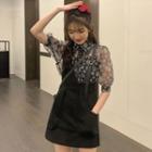 Floral Print Puff-sleeve Mesh Blouse / Mini A-line Jumper Skirt