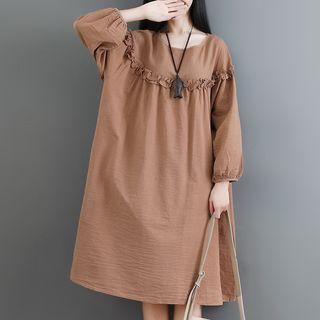 Frill-trim Long-sleeve Midi Shift Dress