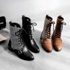 Lace-up Plaid-panel Low-heel Short Boots