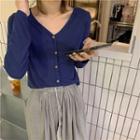 Buttoned V-neck Long-sleeve T-shirt