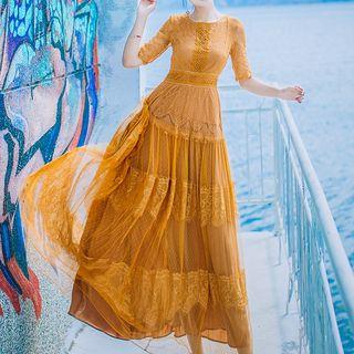 Short-sleeve Round Neck Lace Maxi Dress