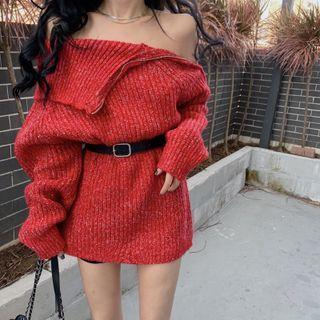 Off-shoulder Plain Sweater 3234 - Sweater - Red - One Size