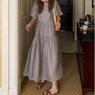 Puff Short-sleeve Round-neck Ruched Medium Maxi Dress