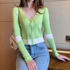Long Sleeve V-neck Two Tone Top