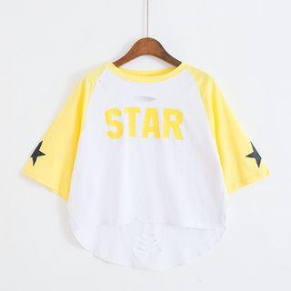 Ripped Raglan 3/4 Sleeve Printed T-shirt