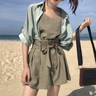 Set: Plain Camisole Top + Shorts + Elbow Sleeve Shirt