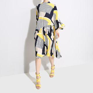 Patterned 3/4-sleeve Pleated Midi Dress