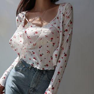 Set:floral V-neck Lace-trim Spaghetti-strap Top + Long-sleeve Jacket