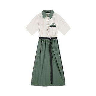 Short-sleeve Collar Mock Two-piece Midi A-line Dress