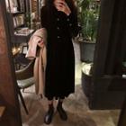 Long-sleeve Velvet Frill Collar Midi Dress Black - One Size