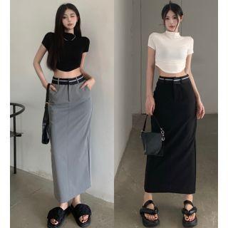 High-neck Skinny Crop T-shirt / Waist-details Slit-back Maxi Skirt