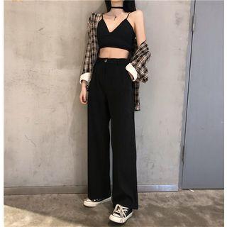 Plaid Shirt / Cropped Camisole Top / High Waist Wide-leg Pants
