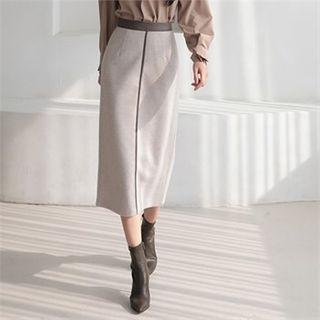 Pleather-trim Wool Blend H-line Skirt
