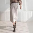 Pleather-trim Wool Blend H-line Skirt