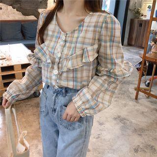 Ruffled Stitching V-neck Plaid Shirt
