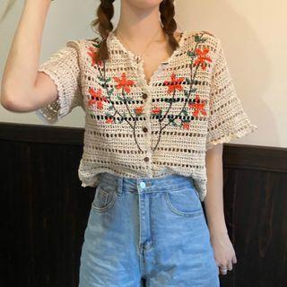 Flower Embroidered Knitted Cardigan
