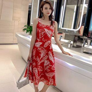 Leaf Print Wide-strap A-line Chiffon Dress