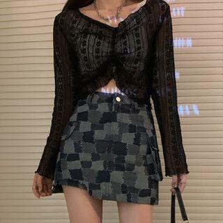 Long-sleeve Lace Crop Top / Printed Denim Skort