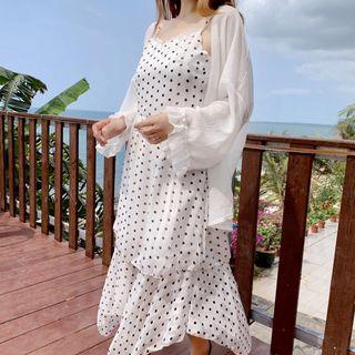 Spaghetti Strap Dotted Midi Dress / Light Jacket