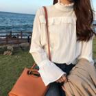 Plain Ruffle Stand-collar Loose-fit Long-sleeve Blouse