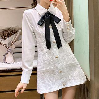 Bow Accent Long-sleeve Mini Collared Dress