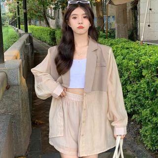 Long-sleeve Two-tone Cutout-back Shirt / Wide Leg Shorts