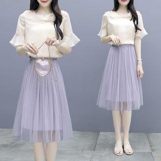Set: Elbow-sleeve Chiffon Top + Mesh Overlay Skirt